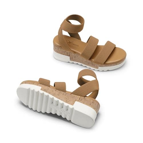 Athlefit Women's Casual Cork Platform Wedge Sandals Open Toe Elastic Ankle Strap Flatform Sandals for Summer, Brown, Size 9, AD00102 - Thumbnail 4