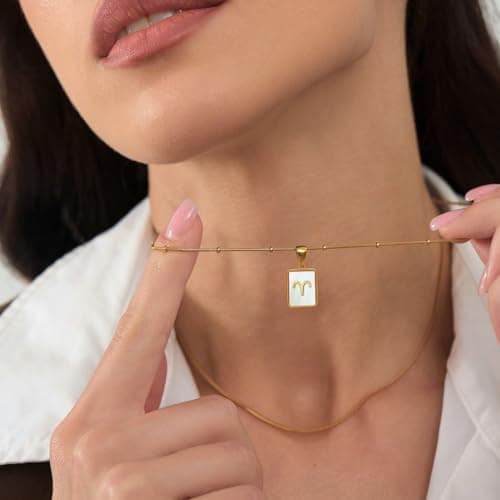 LETFLY Aries Zodiac Gold Necklace Stack for Women, 18K Gold Plated Square Shaped Pendant with Adjustable Layered Snake Chain for Women Jewelry Gifts - Thumbnail 3