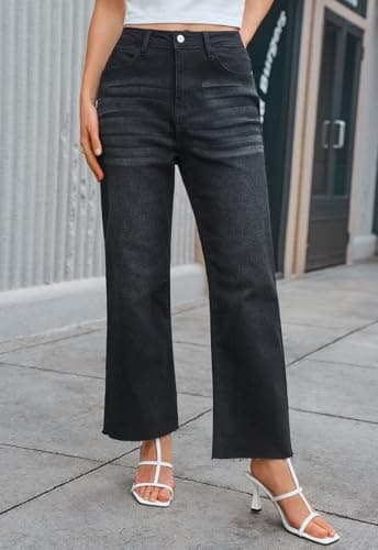 PEIHOT Womens Wide Leg Jeans High Waisted Stretchy Straight Leg Flared Jeans Loose Trendy Frayed Hem Cropped Denim Pants Black - Thumbnail 3