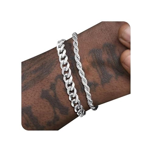 PEALICIOUS Silver Bracelet for Men 2 Pack, Stainless Steel Sivler Cuban Link Rope Chain Bracelets, Adjustable Mens Bracelet Jewelry Set Waterproof Gift for Husband Dad Brother - Image 1