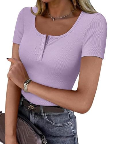 GKBK Women's Summer Short Sleeve Tops Ribbed Knit Henley Button Up Slim Fit Basic Casual T Shirts Blouse Clothing Light Purple XXL - Image 1