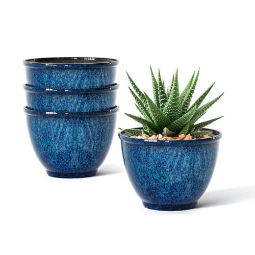 Vanslogreen Plant Pots, Set of 4 Plastic Planters with Drainage Hole, 8 Inch Glaze Plastic Flower Pots for Plants, Nursery Planting Pot, Planter for Indoor Outdoor Home Decorative(Blue) - Image 1