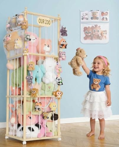 Stuffed Animal Storage, Wood Animals Plush Zoo Toy Toy Storage Holder, Large Capacity Toy Cage With Side Hanging Pouch & Clip Hook, Stuffed Animal Organizer for Playroom, Living Room, Bedroom 54 inch - Image 1