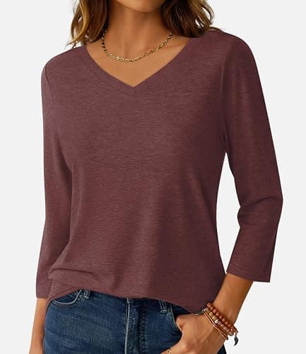 GKBK Womens Tops 3/4 Sleeve Shirts V Neck Casual Blouses Basic Loose Fit Pullover Tshirts Wine Red S - Thumbnail 2