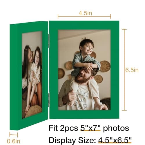 decorUhome Double 5x7 Picture Frame Vertical, Engineered Wood Bifold Photo Frame with Plexiglass for Tabletop Display, 5x7, Green - Thumbnail 4