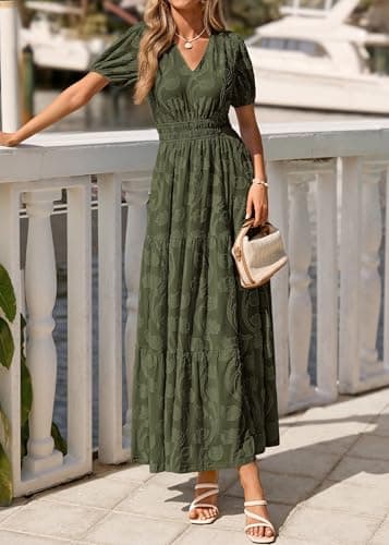 KIRUNDO Womens Boho Maxi Dress Summer Short Sleeve V Neck Floral Flowy A Line Formal Wedding Guest Baby Shower Long Dresses(Army Green, Large) - Thumbnail 4