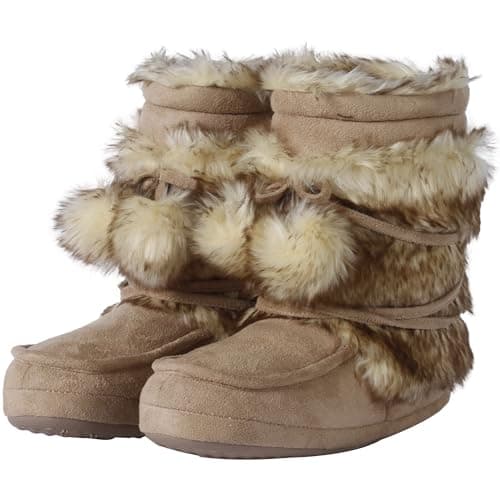 Forfoot House Slippers, Warm Soft Plush Lining Slippers Boots for Women Indoor Anti-Slip Shoes Soft Sole Lace Pom Pom Bedroom Booties Furry Boots Beige Size 9-10 - Image 1