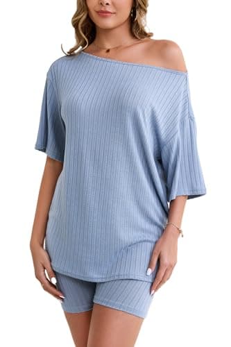 Molirex Womens Pajama Sets Shorts Summer Off Shoulder 3/4 Sleeve Biker Set 2 Piece Sweatsuits Ribbed Knit Matching Outfits Blue S - Image 1
