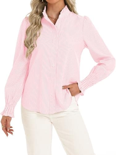 Funlingo Womens Striped Button Down Shirts 2026 Spring Long Sleeve Ruffle Collared Blouses Oversized Smocked Cuffed Work Business Casual Tops Pink White S - Image 1
