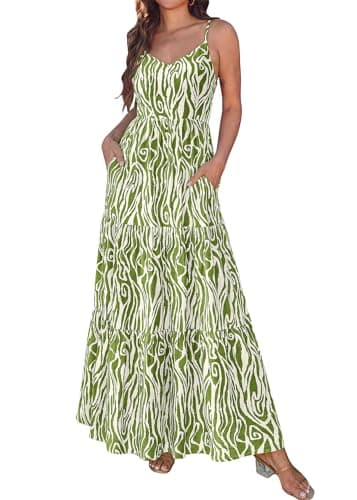 KIRUNDO Sundresses for Women 2026 Spring Summer Hawaiian Print Boho Floral Spaghetti Strap Beach Vacation Flowy Maxi Dress(Army Green, Large) - Image 1