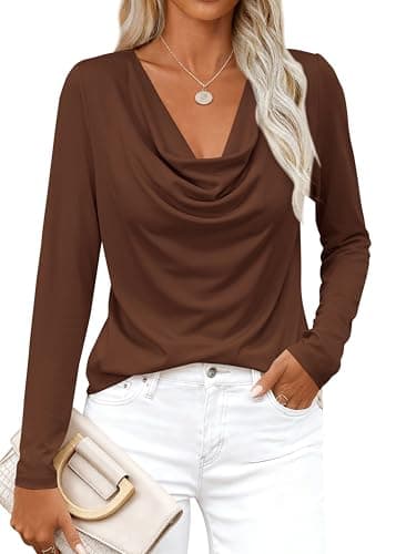 PRETTYGARDEN Womens Spring Tops 2026 Dressy Cowl Neck Long Sleeve Shirts Loose Business Casual Blouses Teacher Tunic Top(Brown,X-Large) - Image 1