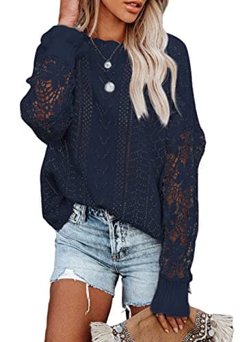 Dokotoo Fall Sweaters for Women Round Neck Crochet Long Sleeve Sweater Tops Casual Cable Knit Jumpers Pullovers M Dark Blue - Image 1