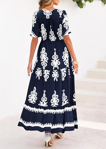 Lazysmile Summer Dresses for Women Short Sleeve V Neck Floral Drawstring Flowy A Line Boho Maxi Dress with Pockets Navy - Thumbnail 2