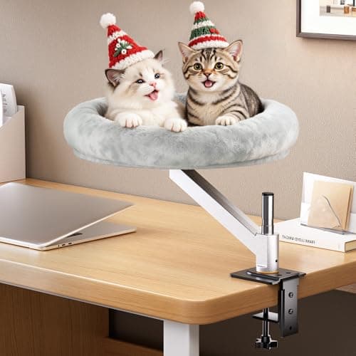tomxcute Cat Desk Bed - Integrated Die-Cast Arm for Stability - 360° Rotation & Height Adjustable - 45 lbs Support - Cat Desk Perch for S/M/L Cat - Removable Washable Office Cat Bed with Wooden Base - Image 1