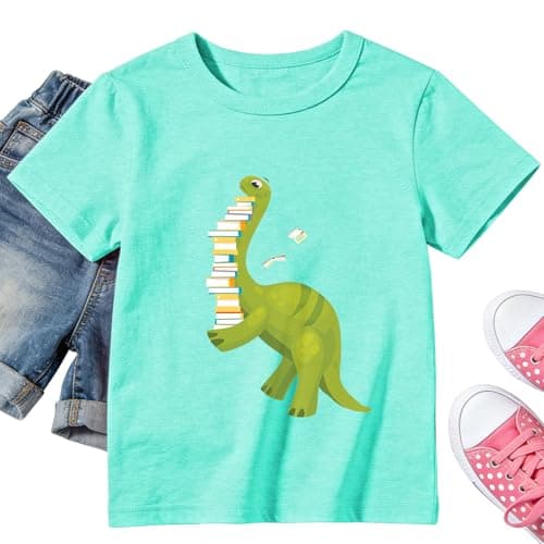 Reading Dinosaur Shirts for Kids – Cartoon Read Books Shirt Boys Girls Fun Book Lover Tee Tops Cyan - Image 1