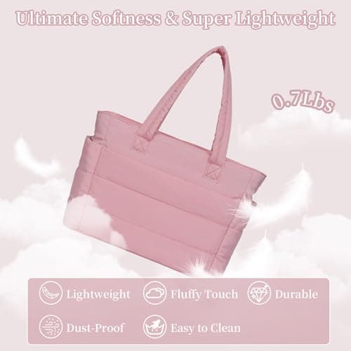 JHhomezeit Puffer Tote Bag for Women-Large Work Tote Bags Quilted Lightweight Puffy Bags Shoulder Bag with Laptop Compartment Pink - Thumbnail 6
