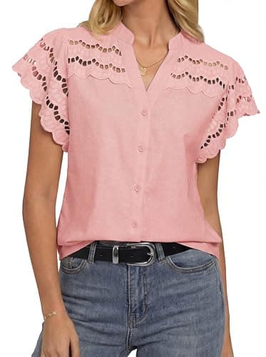GRACE KARIN Womens Summer Tops Cotton Linen Eyelet Flowy Blouses Beach Vacation V Neck Button Down Shirts Trendy Clothes 2026, Light Pink, Medium - Image 1