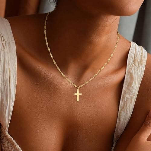Fezodo Easter Gifts for Teens Cross Necklace - 18K Gold Plated Cross Pendant Necklace Kids Valentines Day Gifts for School Baptism Religious Faith Jewelry - Thumbnail 3