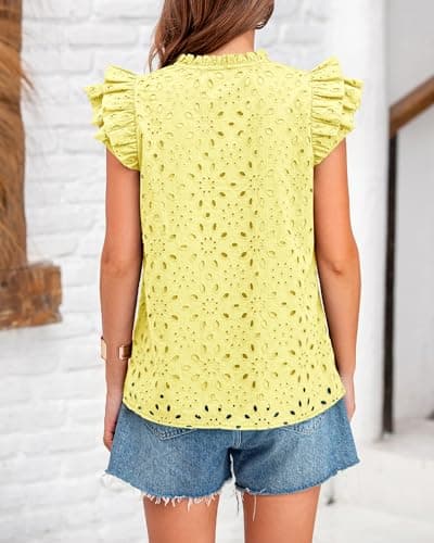 BTFBM Spring Summer Tops for Women 2026 Dressy Casual V Neck Ruffle Cap Sleeve Embroidered Eyelet Blouses Resort Wear(Yellow, XX-Large) - Thumbnail 3