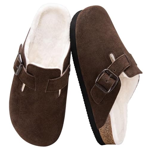 Fuzzy Suede Clogs for Women Fur Lined Leather Mules Soft Non Slip Potato Shoes with Arch Support Coffee - Image 1