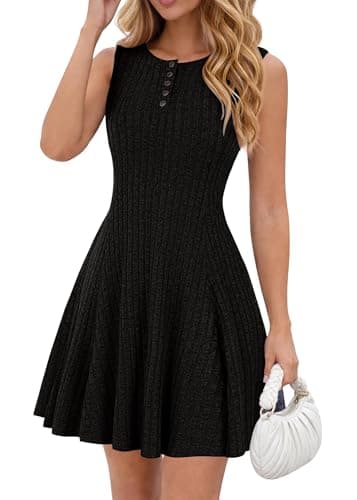 Lazysmile Summer Sleeveless Dresses for Women Crewneck Button Down Ribbed Knit A Line Casual Short Dress Black - Image 1
