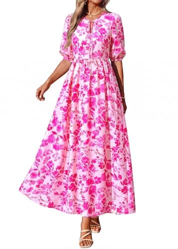 KIRUNDO Spring Dresses for Women 2026 Summer Wedding Guest Boho Floral 3/4 Sleeve Beach Vacation Cruise Flowy Maxi Dress(Rose Red, Medium) - Thumbnail 3