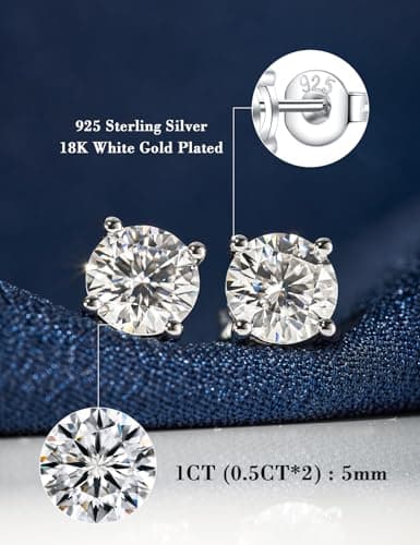 IMOLOVE Moissanite Stud Earrings with 1CT D Color Round Cut Lab Created Moissanite Earrings in Sterling Silver Trendy Earrings for Women Men-1 - Thumbnail 2