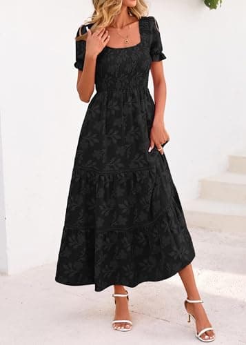 Lazysmile Women's Summer Boho Floral Maxi Dress Short Sleeve Square Neck Smocked Ruffle Elegant Wedding Guest Dress Black - Thumbnail 6