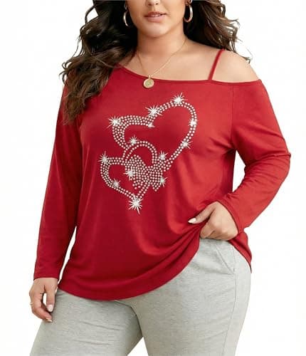 NANYUAYA Women’s Plus Size Off The Shoulder Tops Graphic Tee Long Sleeve Pullover Shirts Curvy Fashion Clothes 1X-5X Red - Image 1