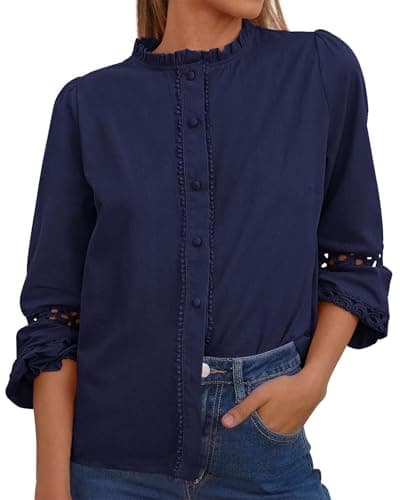 KIRUNDO Going Out Tops for Women 2026 Spring Fashion Boho Cotton Eyelet Long Sleeve Button Up Shirt Lace Dressy Casual Blouse(Navy Blue, Medium) - Image 1