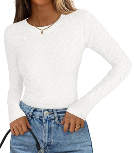 MEROKEETY Women's Fall Long Sleeve Shirts Blouses 2025 Casual Crewneck Textured Fitted Trendy Tops, White, X-Large - Image 1