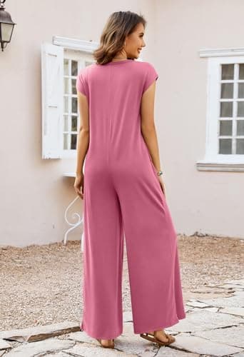 MEROKEETY Women's 2026 Summer Cap Sleeve Jumpsuits Dressy Casual Deep V Neck Button Onesie Wide Leg Pants Rompers, DustyPink, XL - Thumbnail 3