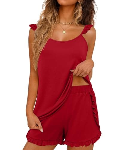 JUSTFASHIONNOW Womens Pajama Sets Shorts 2 Piece Cute Ruffle Strap Lounge Set Sleepwear Cami Tops Split Shorts PJ Set Soft Camisole Summer Casual Sexy Lingerie Sets (Red, X-Large) - Image 1