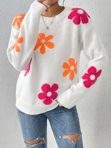 Libsorge Womens Oversized Cute Flower Sweater Valentine Day 2026 Trendy Vintage Floral Knit Crewneck Pullover Tops White M - Thumbnail 4
