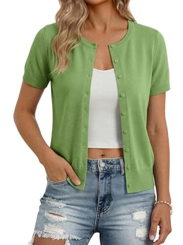GRACE KARIN Women Short Sleeve Cardigan Sweaters, Summer Cropped Shrug, Fashion Tops for Women Trendy Forest Green S - Image 1