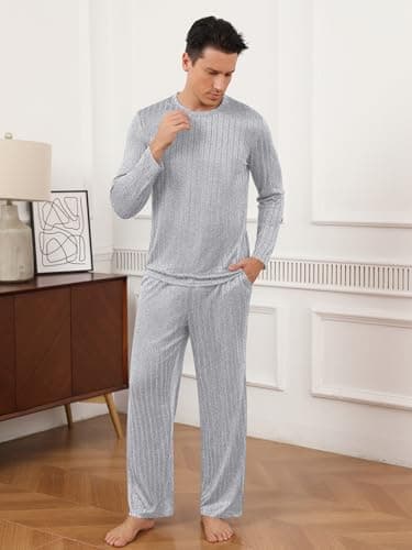 RQP Men's Pajama Set Ribbed Lounge Wear Silky Smooth 2 Piece Sleepwear,Stretch Home Outfits for Men,Grey - Thumbnail 5