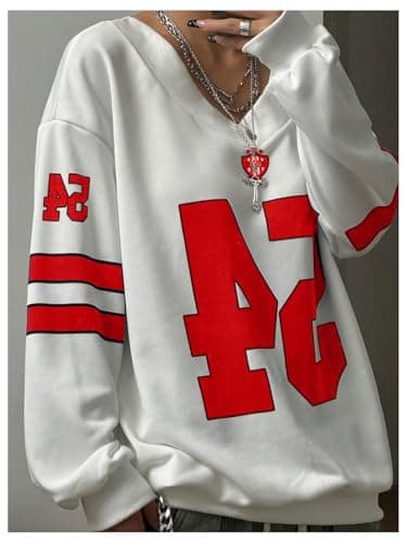 MakeMeChic Women's Number Print Oversized Sweatshirt V Neck Stripe Long Sleeve Y2k Pullovers Top Red Medium - Thumbnail 4