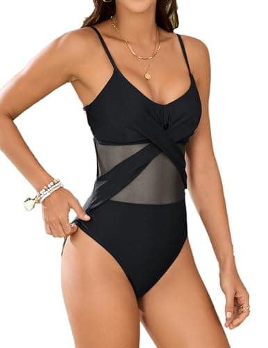 seamoly Bathing Suit One Piece High Cut Wrap Front Ruching Adjustable Neck Clasp Crisscross Tummy Control Swimwear Black S - Image 1