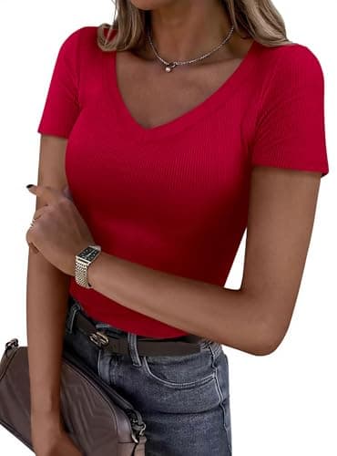 PRETTYGARDEN Women 2026 Spring Tops Trendy Ribbed Short Sleeve V Neck Fitted Basic Tee Shirts Casual Going Out Summer Outfits (Red,X-Small) - Image 1