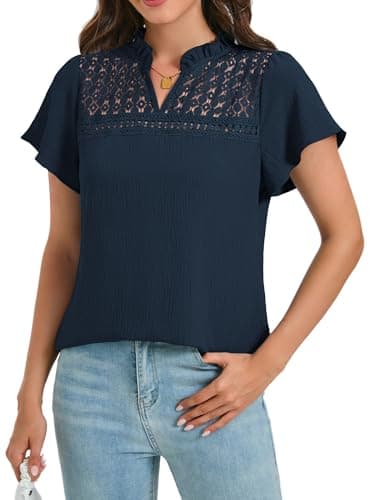 Funlingo Women Summer Tops Ruffle Short Sleeve V Neck Blouses Dressy Casual Eyelet Lace Work Shirts Spring Clothes Trendy Outfits Deep Blue 3XL - Image 1
