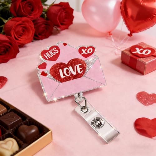 Funny Valentines Nurse Badge Reel Retractable, Valentines Spring Gifts for Nurse/Girlfriend/Women/Mom Glitter Pink Love Letter Badge Reel, ID Card Badge Holder for Doctor Work Teacher Office Staff - Image 1