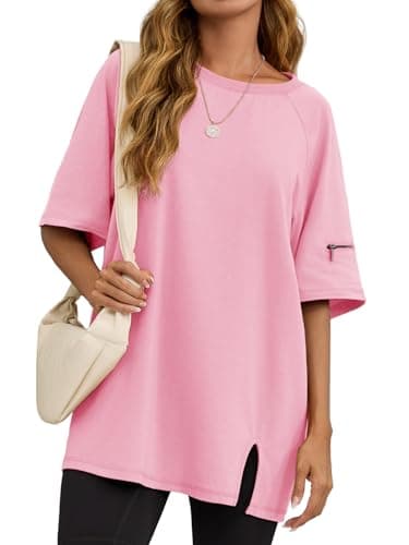 Tankaneo Womens Oversized Workout Tshirts Split Hem Raglan Short Sleeve Tops Summer Casual Loose Fit Tee Shirt Light Pink - Image 1
