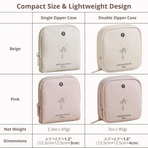 tianzong Small Travel Jewelry Case, Bridesmaid Gifts, Tangle-Free Jewelry Pouch Bag with Gift Box, Waterproof PU Jewelry Organizer for Valuables (Pink, Double Zipper) - Thumbnail 6