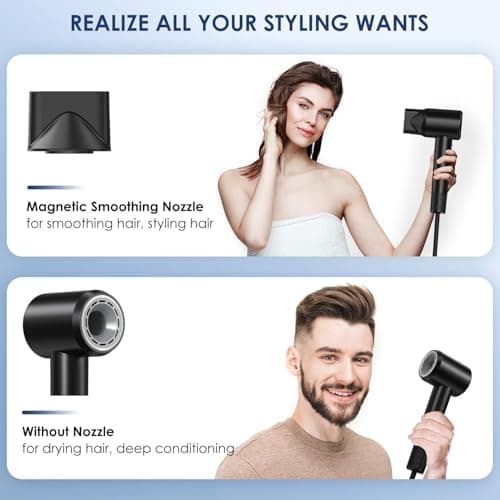 Hair Dryer - 150000 RPM High-Speed Blow Dryer with Negative Ionic Care for Fast Drying. Lightweight, Low Noise Design with 4 Temps/2 Speeds and Magnetic Nozzle (Black) - Thumbnail 5