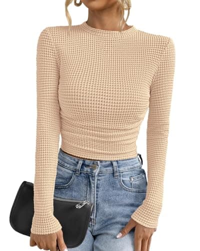 PRETTYGARDEN Womens Tops 2026 Spring Long Sleeve Fitted T Shirts Waffle Ruched Crop Shirt Basic Knit Workout Y2k Clothes(Beige,Large) - Image 1