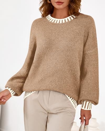 KIRUNDO Oversized Sweaters for Women 2026 Long Sleeve Crewneck Fall Tops Contrast Chunky Knit Pullover Winter Clothes(Khaki, Small) - Thumbnail 5
