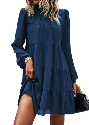 KIRUNDO Long Sleeve Baby Doll Dresses Women 2026 Casual Spring Summer Ruffle Mock Neck Tiered Mini Flowy Swing Shift Dress(Lake Blue, Small) - Image 1