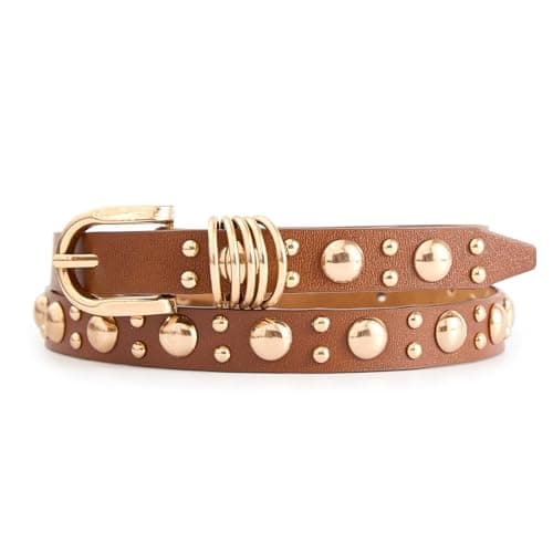 EONTISO Women Studded Leather Belt for Jeans, Punk Fashion Gold Rivets, Skinny Gold Brown L - Image 1