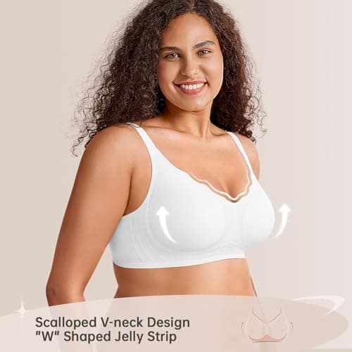 LetsJoli Wireless Seamless Bras for Women No Underwire Push Up Scalloped V Neck Full Coverage Support Bralettes Everyday Bras White - Thumbnail 2