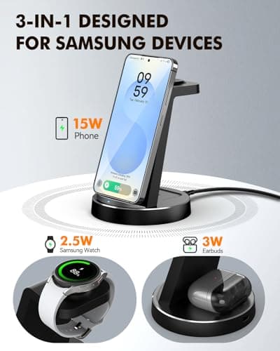 Wireless Charger for Samsung: 3 in 1 Charging Station for Samsung S26/S25/S24/S23/S22/S21, Note 20/10, Z Fold 6/5, Galaxy Buds 4/3/2 Pro, Galaxy Watch Ultra/8/7/6/5-Android & iPhone 15W Charging Dock - Thumbnail 2